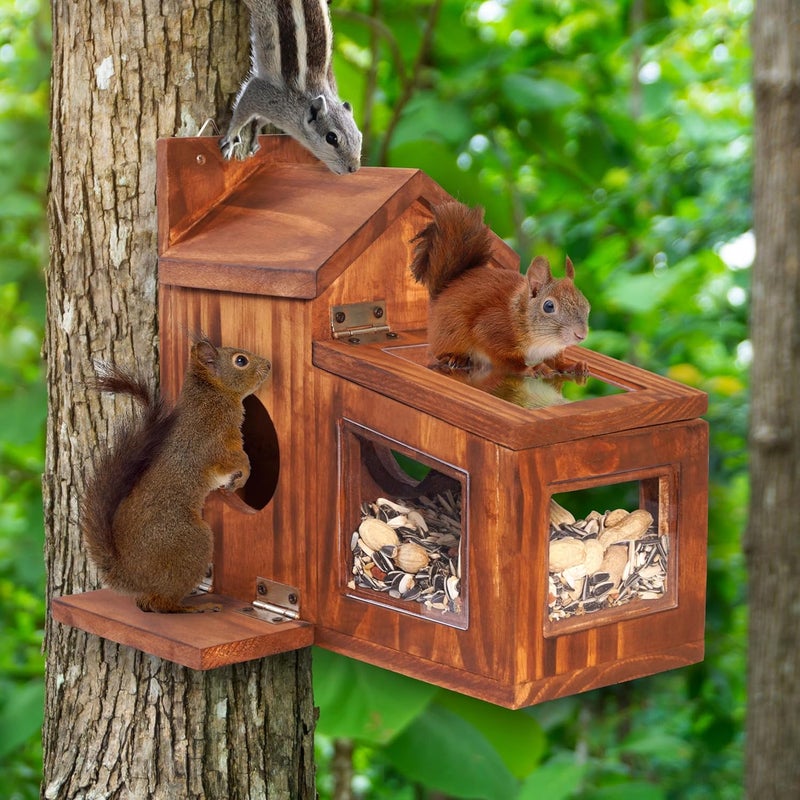 MIXUMON Wood Squirrel Feeder, Squirrel Feeders for Outside Winter, Wooden Chipmunk Feeder for Corn, Peanuts, Durable Box Easy to Fill with Removable Top Panel - Image 3